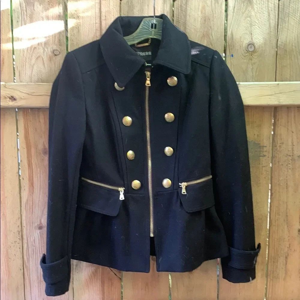 Express Black and Gold Pea Coat with Military Flair